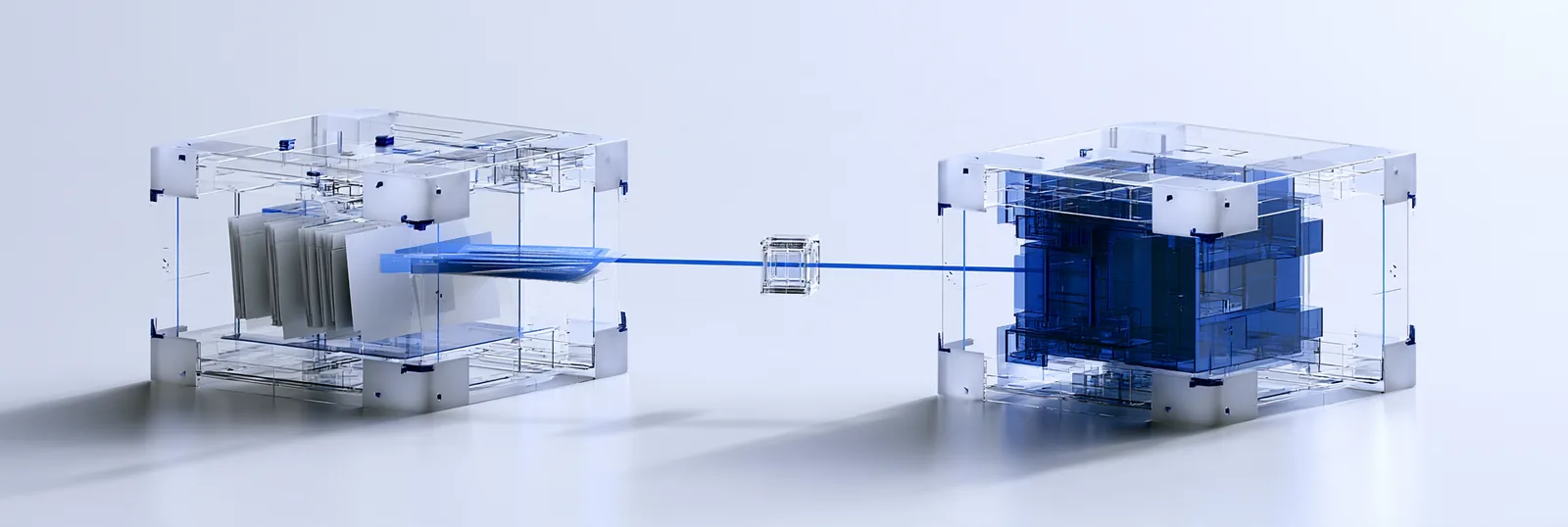 Spatial render: two glass chambers at opposite ends joined by one thin blue line with a small connector midway
