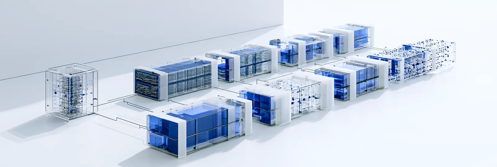 Spatial render: a row of blue and white modules linked along one line
