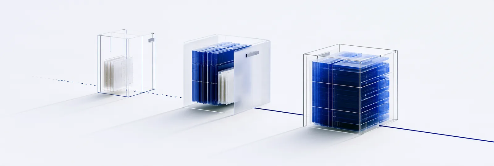 Spatial render: three glass containers along one line, the earliest pale, the latest dense blue