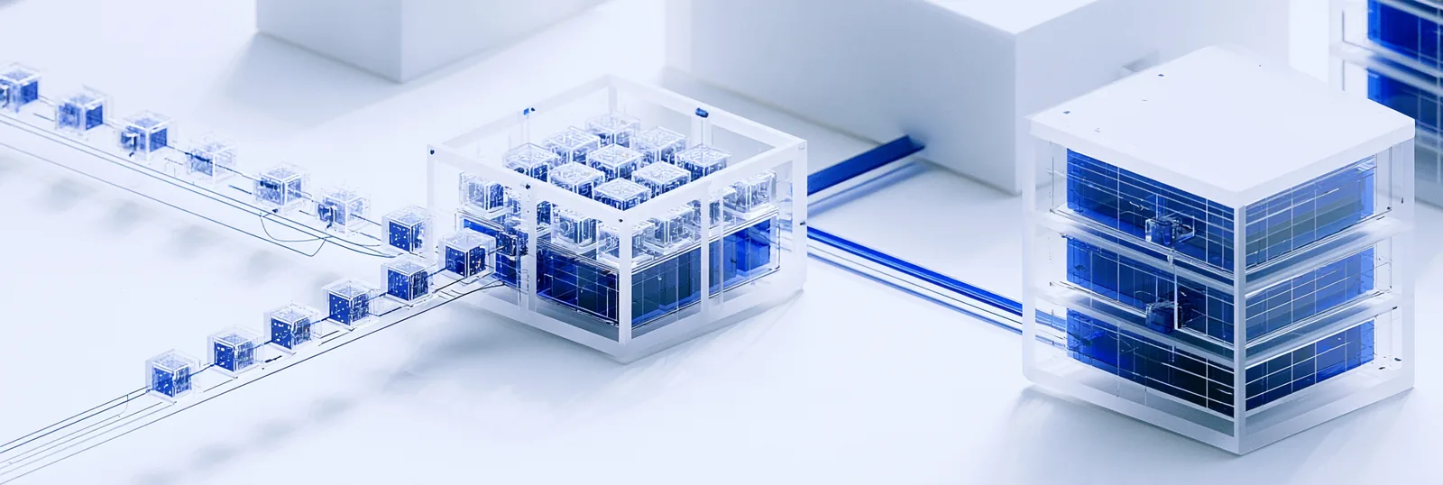 Spatial render: small token modules travelling along one line into a routing chamber and on to a large assembled block