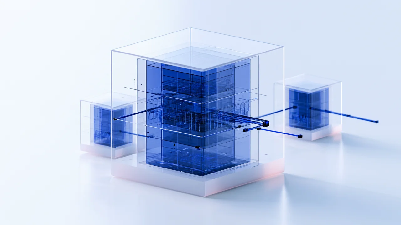 Spatial render: a glass case holding a blue core, joined by lines to two smaller cases