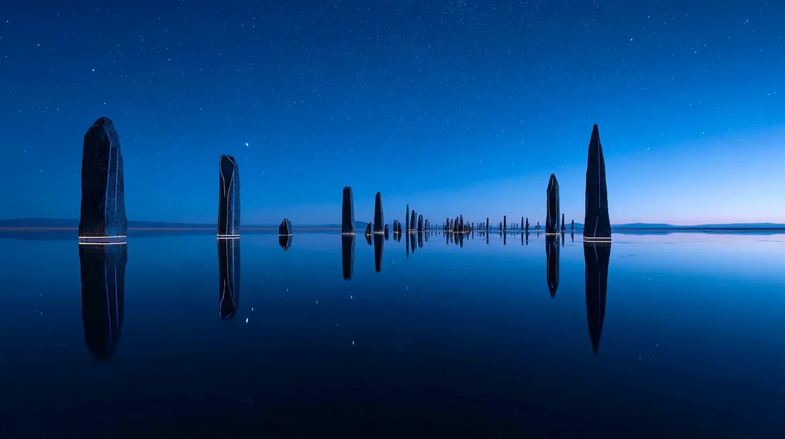 A ring of dark glass monoliths on a mirror lake at blue hour, thin lines of light joining their tops
