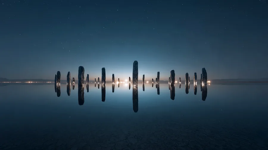 A ring of dark glass monoliths on a mirror lake at blue hour, thin lines of light joining their tops