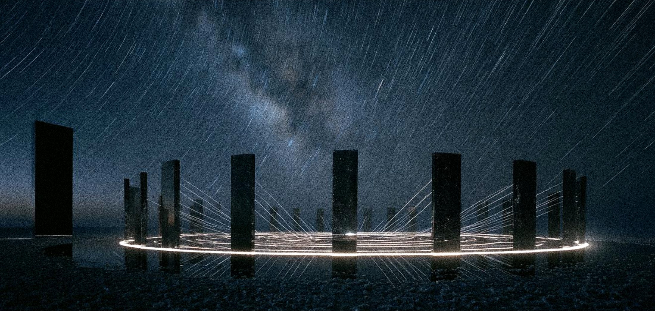 A ring of tall black monoliths on a dark salt plain under the Milky Way with thin lines of light arcing between them